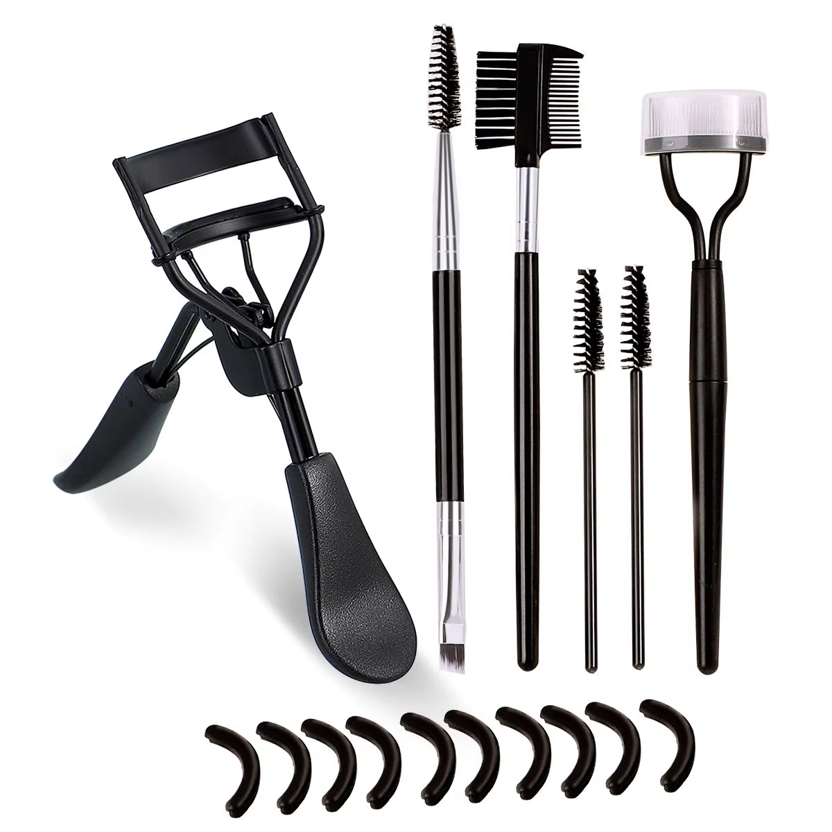 Portable Eyelash Curler with 10 Silicone Pads & 1 Double-Ended Spiral Eyelash Brush & 1 Eyelash Steel Comb & 1 Double-Ended Eyebrow and Eyelash Comb & 2 Spiral Comb, Stainless Steel Eyelash Curler, Does Not Damage The