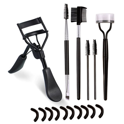 Portable Eyelash Curler with 10 Silicone Pads & 1 Double-Ended Spiral Eyelash Brush & 1 Eyelash Steel Comb & 1 Double-Ended Eyebrow and Eyelash Comb & 2 Spiral Comb, Stainless Steel Eyelash Curler, Does Not Damage The