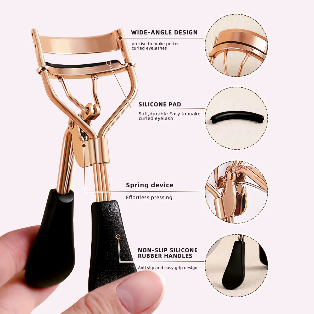 Portable Eyelash Curler with 10 Silicone Pads & 1 Double-Ended Spiral Eyelash Brush & 1 Eyelash Steel Comb & 1 Double-Ended Eyebrow and Eyelash Comb & 2 Spiral Comb, Stainless Steel Eyelash Curler, Does Not Damage The