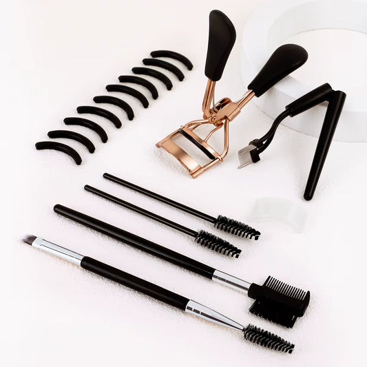 Portable Eyelash Curler with 10 Silicone Pads & 1 Double-Ended Spiral Eyelash Brush & 1 Eyelash Steel Comb & 1 Double-Ended Eyebrow and Eyelash Comb & 2 Spiral Comb, Stainless Steel Eyelash Curler, Does Not Damage The