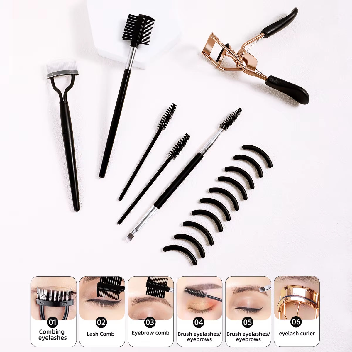 Portable Eyelash Curler with 10 Silicone Pads & 1 Double-Ended Spiral Eyelash Brush & 1 Eyelash Steel Comb & 1 Double-Ended Eyebrow and Eyelash Comb & 2 Spiral Comb, Stainless Steel Eyelash Curler, Does Not Damage The