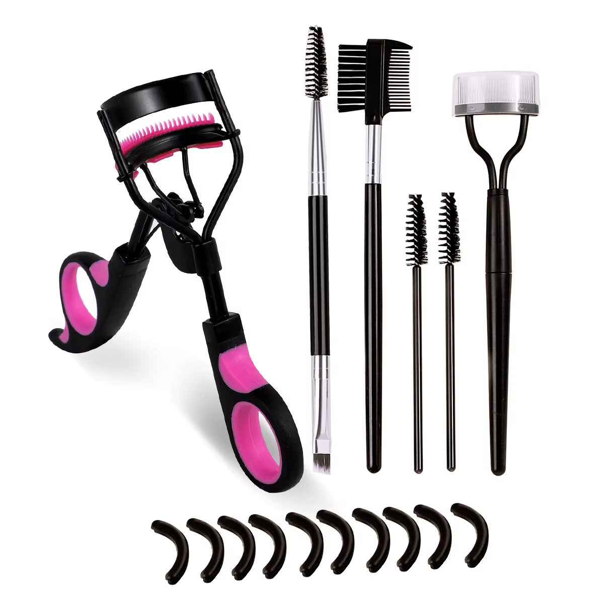 Portable Eyelash Curler with 10 Silicone Pads & 1 Double-Ended Spiral Eyelash Brush & 1 Eyelash Steel Comb & 1 Double-Ended Eyebrow and Eyelash Comb & 2 Spiral Comb, Stainless Steel Eyelash Curler, Does Not Damage The