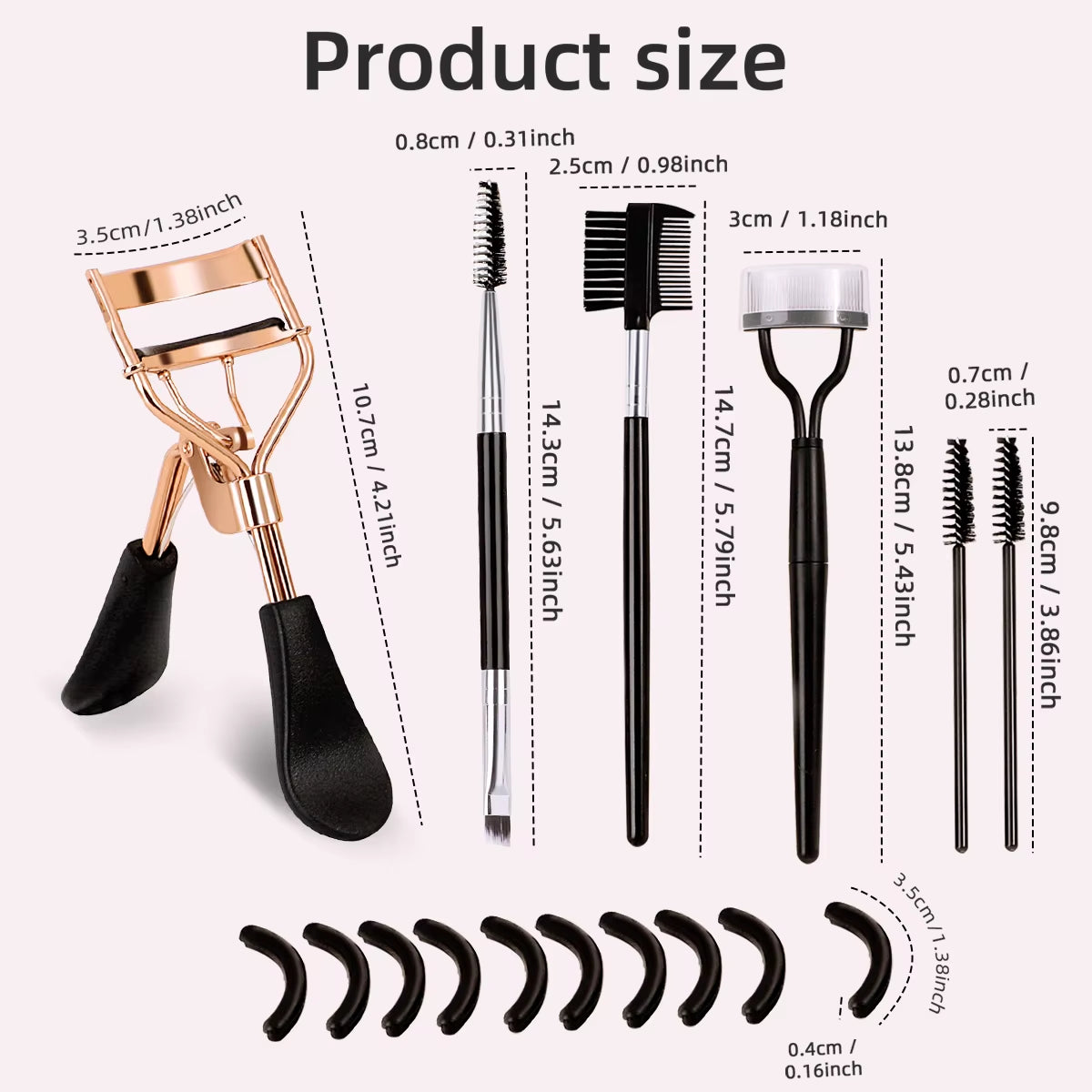 Portable Eyelash Curler with 10 Silicone Pads & 1 Double-Ended Spiral Eyelash Brush & 1 Eyelash Steel Comb & 1 Double-Ended Eyebrow and Eyelash Comb & 2 Spiral Comb, Stainless Steel Eyelash Curler, Does Not Damage The