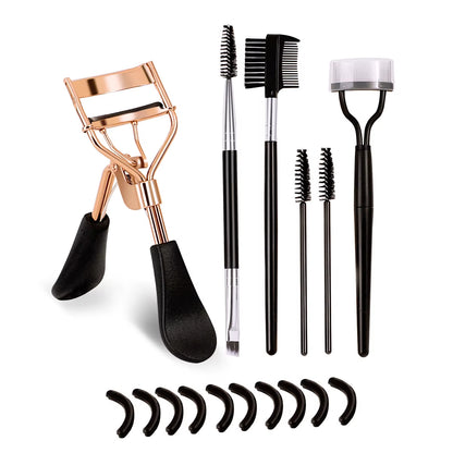 Portable Eyelash Curler with 10 Silicone Pads & 1 Double-Ended Spiral Eyelash Brush & 1 Eyelash Steel Comb & 1 Double-Ended Eyebrow and Eyelash Comb & 2 Spiral Comb, Stainless Steel Eyelash Curler, Does Not Damage The